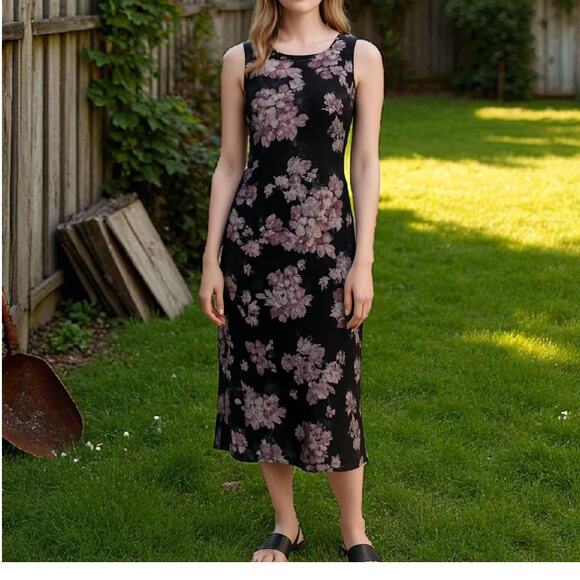 Y2K 90s VINTAGE Floral Long Midi Dress S Whimsigoth Flowy Black Purple Cottage - Picture 1 of 10